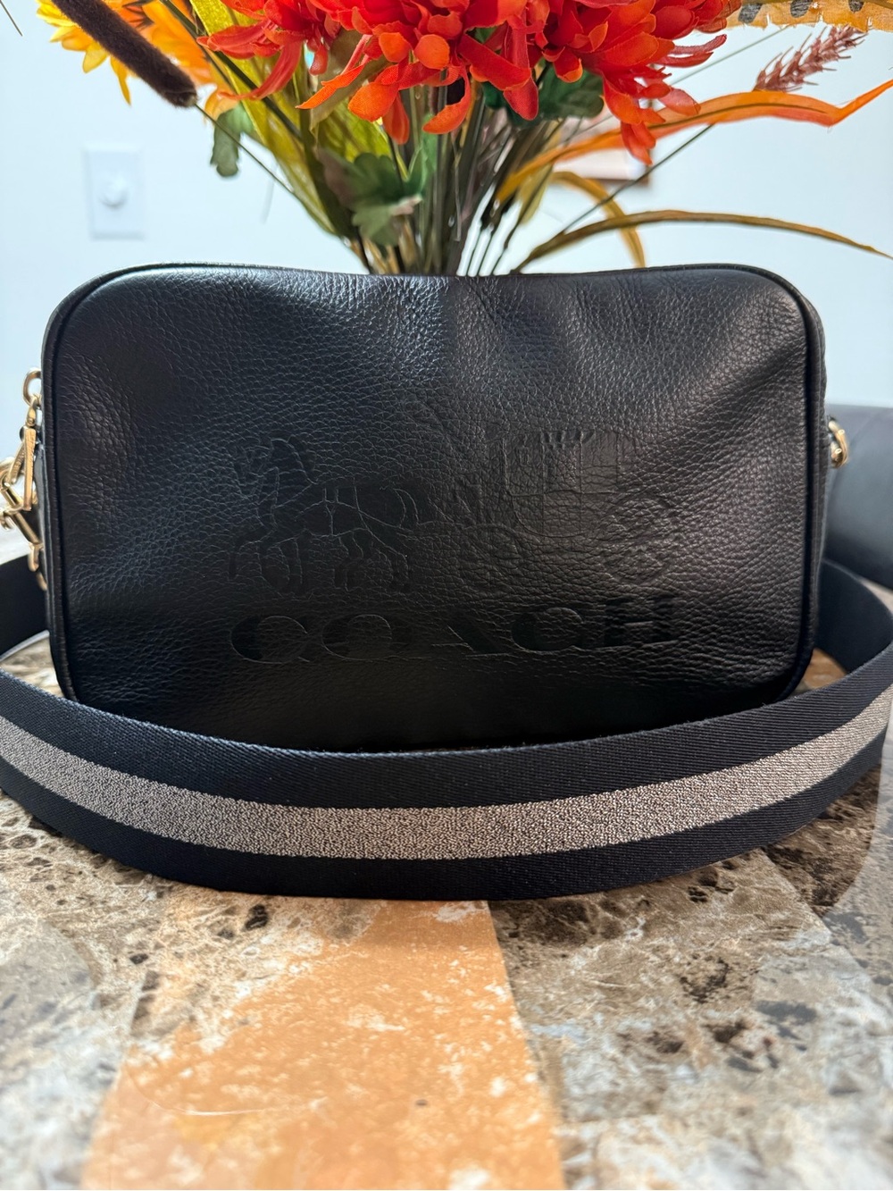 Coach Black Pebbled Leather Crossbody with Striped Strap